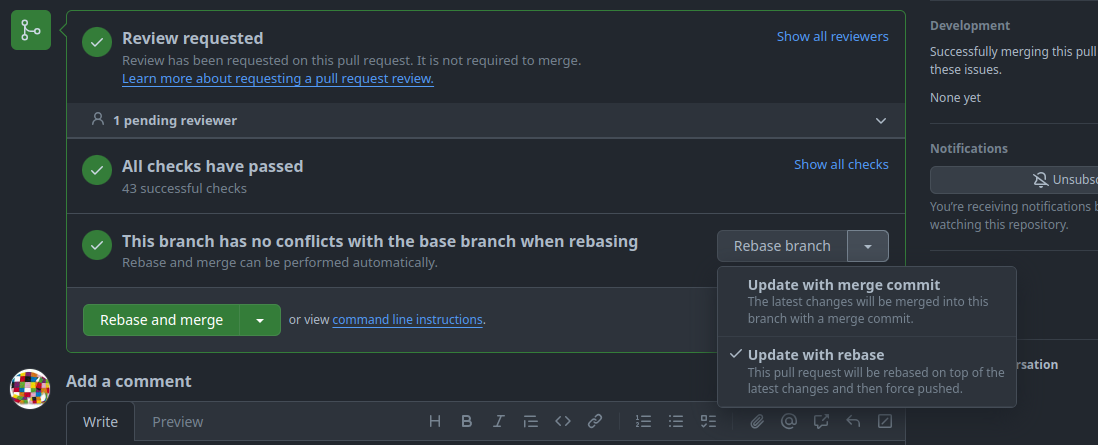 Screenshot of the GitHub UI showing a PR's update branch dropdown